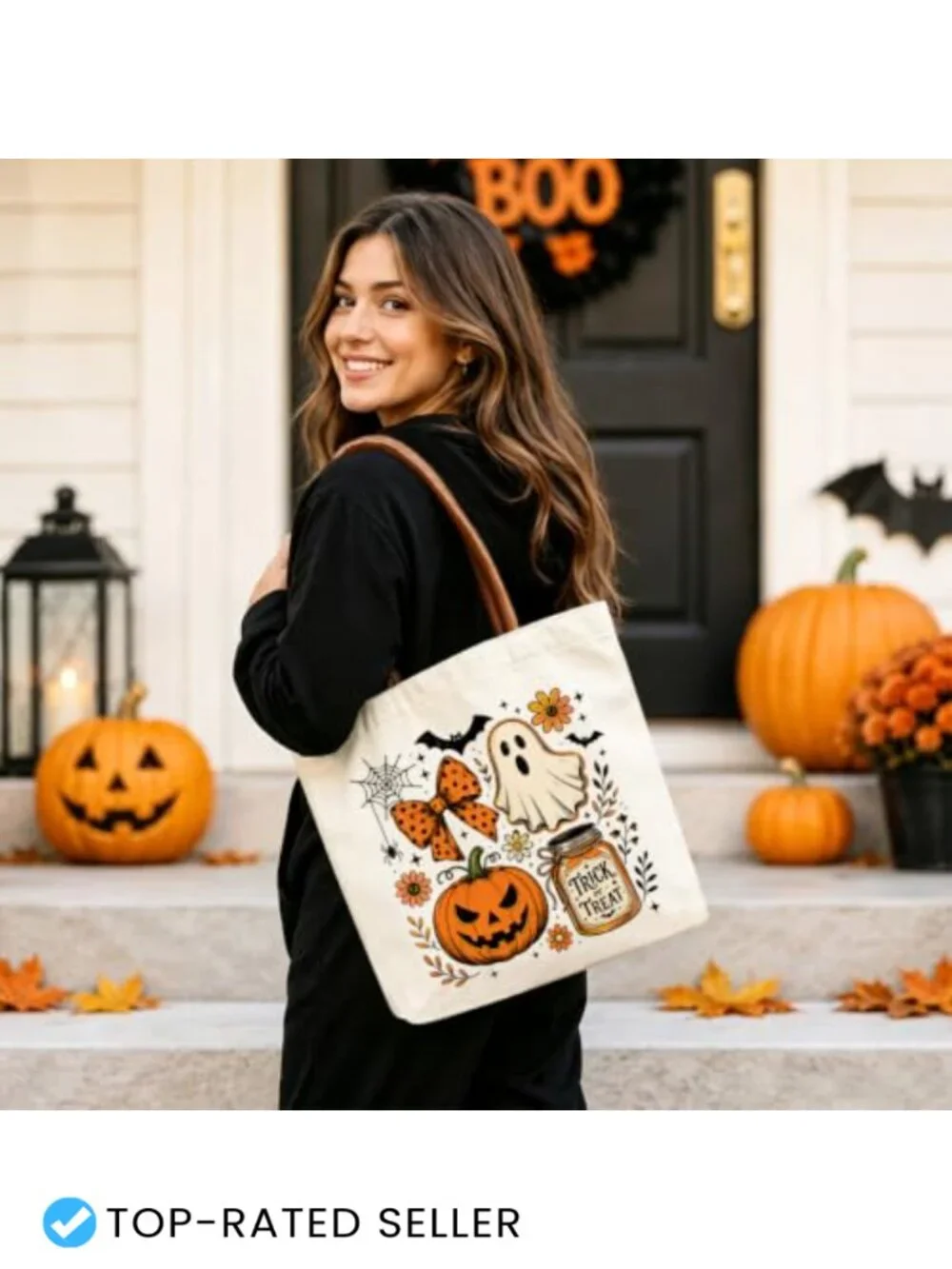 Halloween Pumpkin Ghost Canvas Tote Bag, Reusable Grocery and Beach Bag